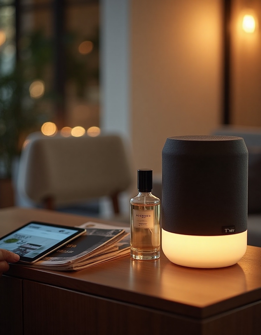Business scent marketing consultation with diffuser and fragrance display.