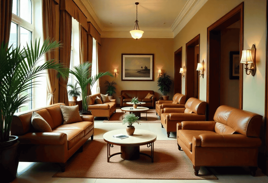 Elegant hotel lounge area with comfortable seating, warm tones, quiet and refined atmosphere, high-end hospitality environment, realistic photography